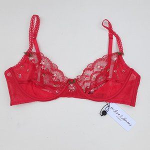 For Love & Lemons Red Floral Embroidered Lace Balconette Bra